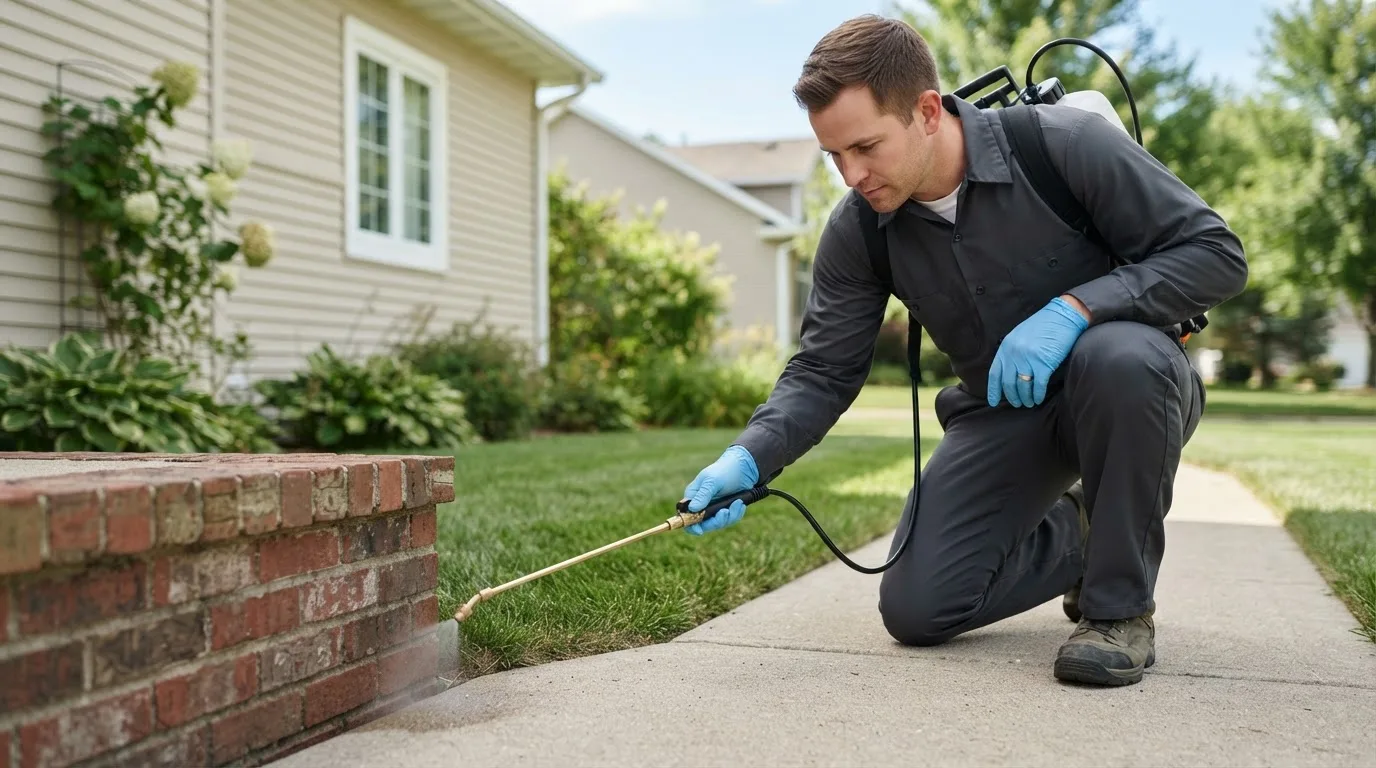 Pest control technician treating a home near Geneseo, NY